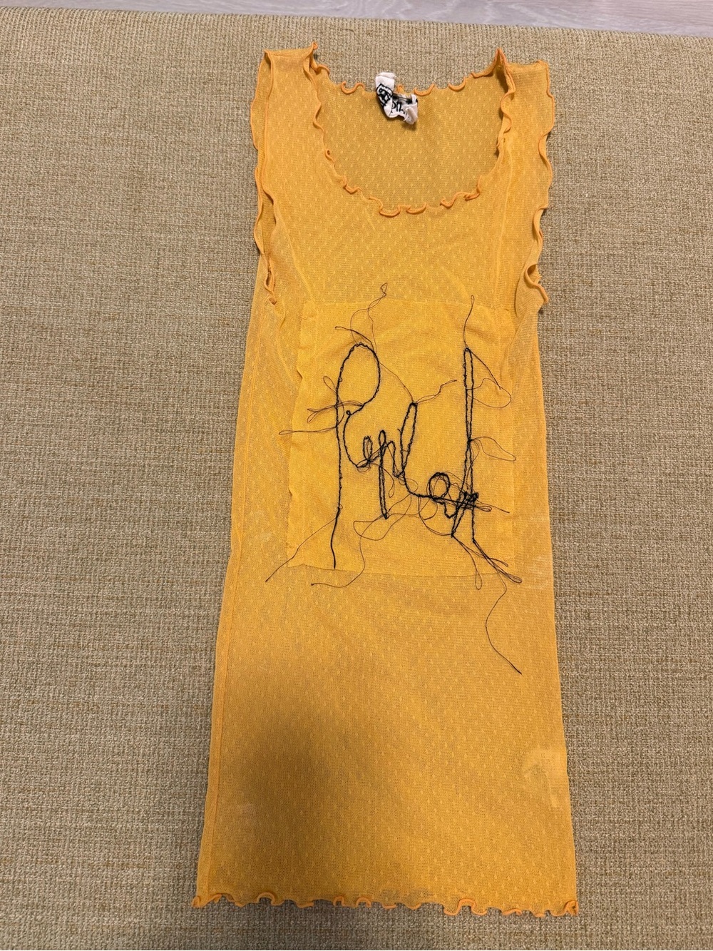 Replay- vintage Yellow Mustard Sheer Ruffle Tank with Black Thread Detail